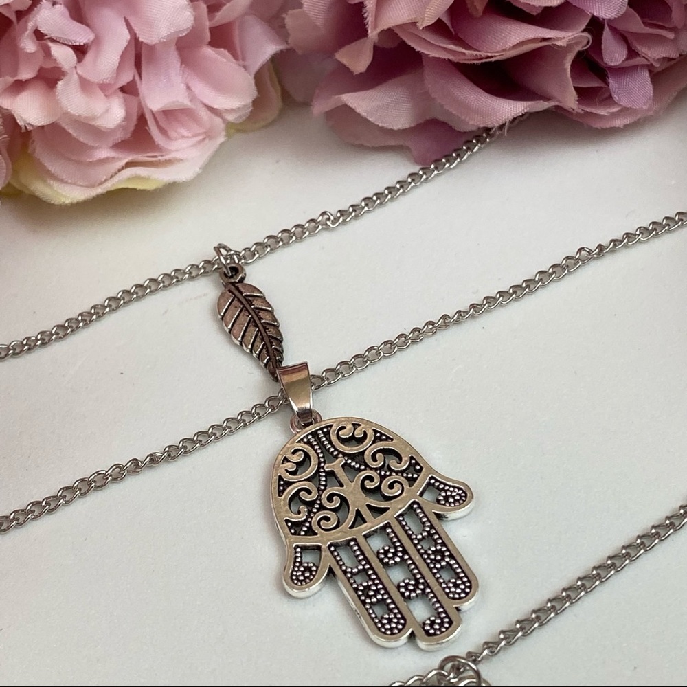 Boho Silver Leaf Hamsa Compass Elephant Necklace - Picture 10 of 15